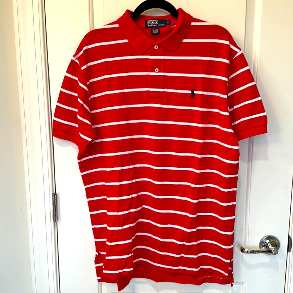 Size L. Polo Ralph Lauren. Red and white stripped with navy polo horse